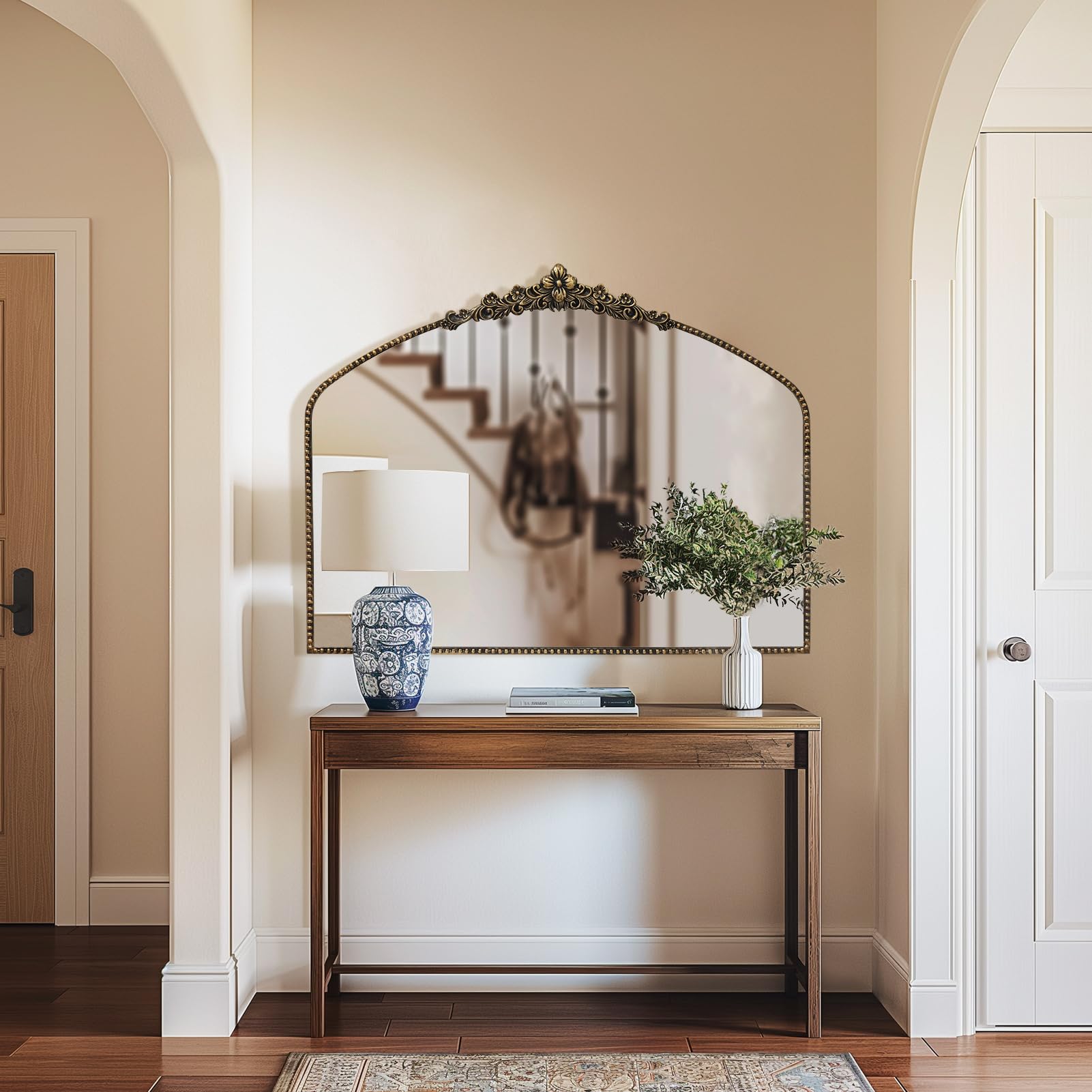 アンティーク　ヴィンテージ　アーチ型ビーズ装飾壁掛け鏡 アーチ型スカラップ *ビンテージゴールド ビーズミラー壁掛け鏡